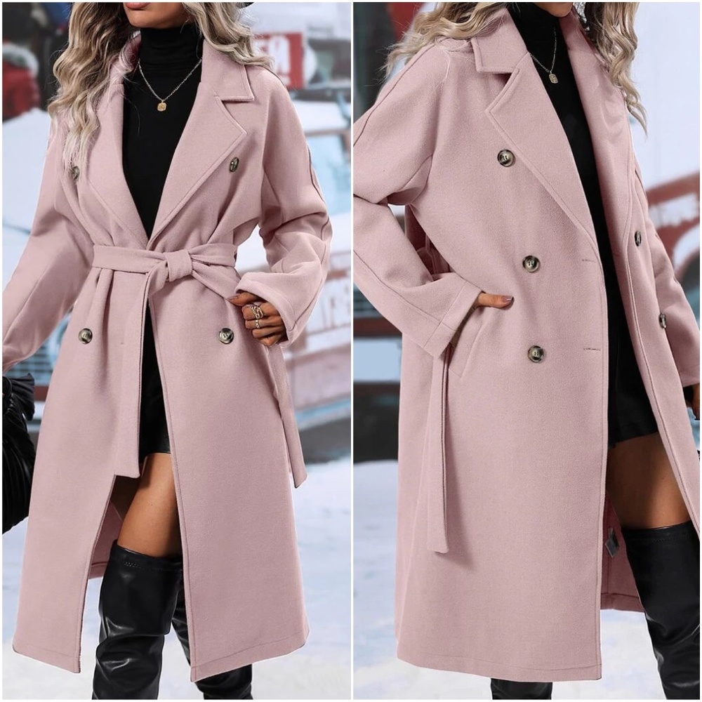 Classic double breasted Pocket Trench Coat Jacket - Picture 2 of 7